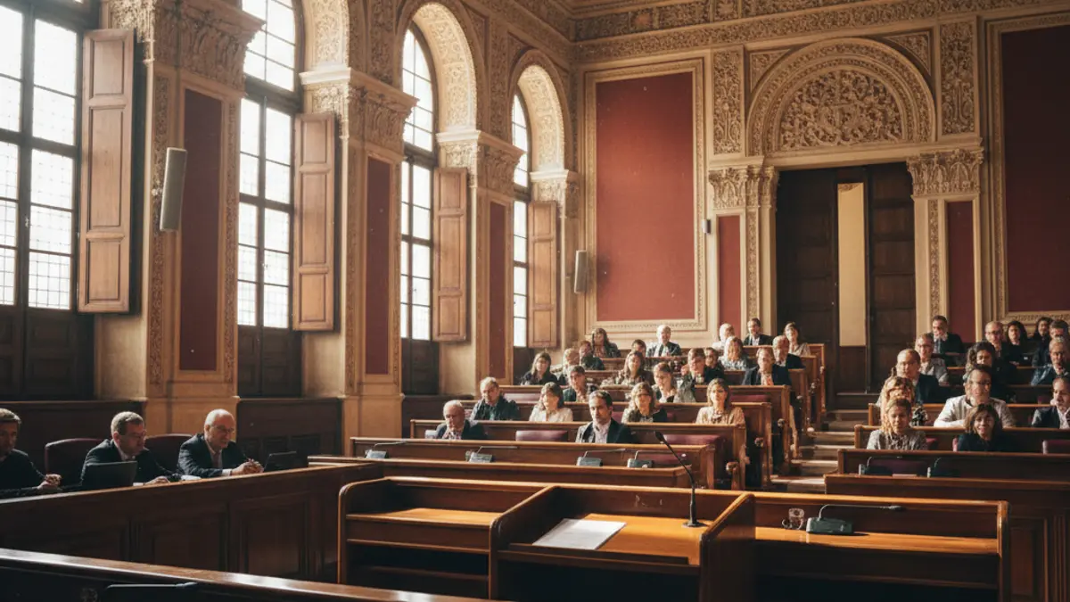 Image of a microphone on a podium in an Andalusian parliamentary hall, with natural light.