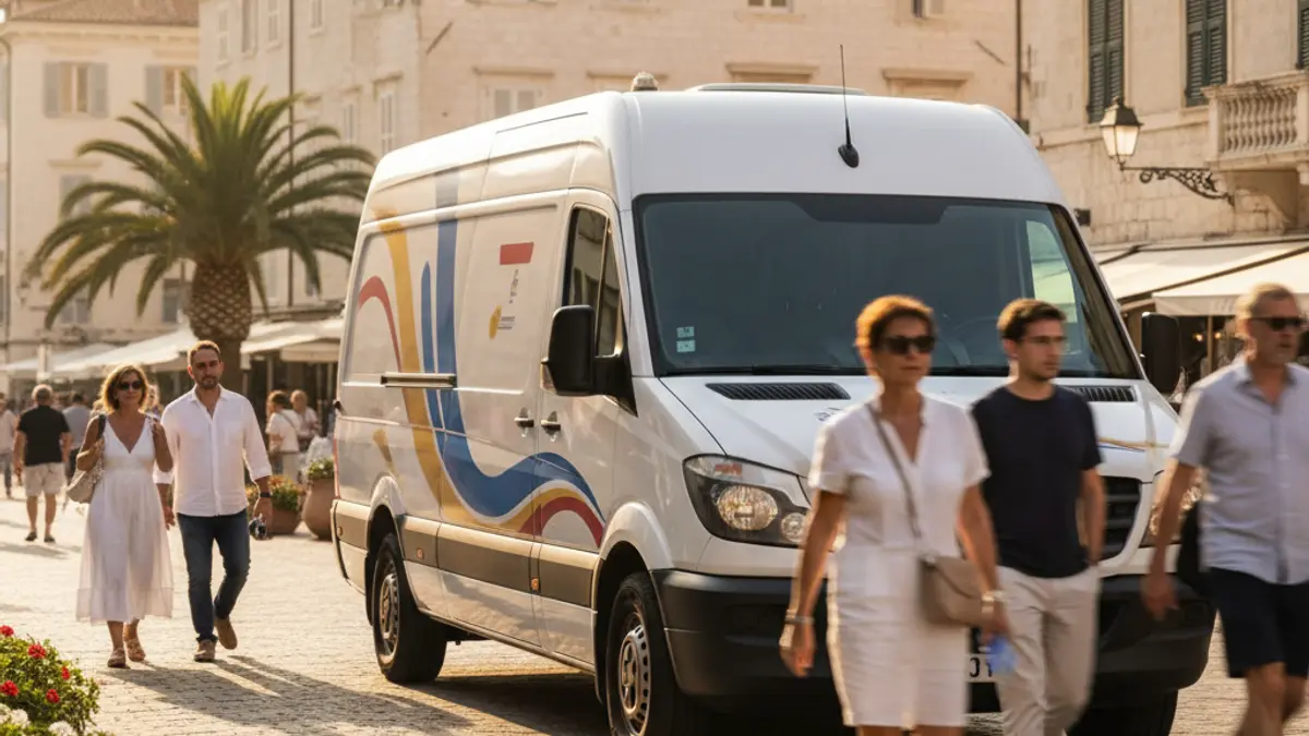 Image of a political campaign van on a sunny street in a Mediterranean city.