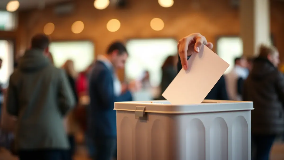 Generic image of a ballot box with people voting in the background.