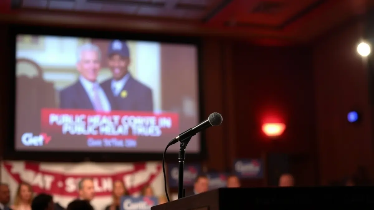 Image of a microphone on a lectern during a political campaign event.