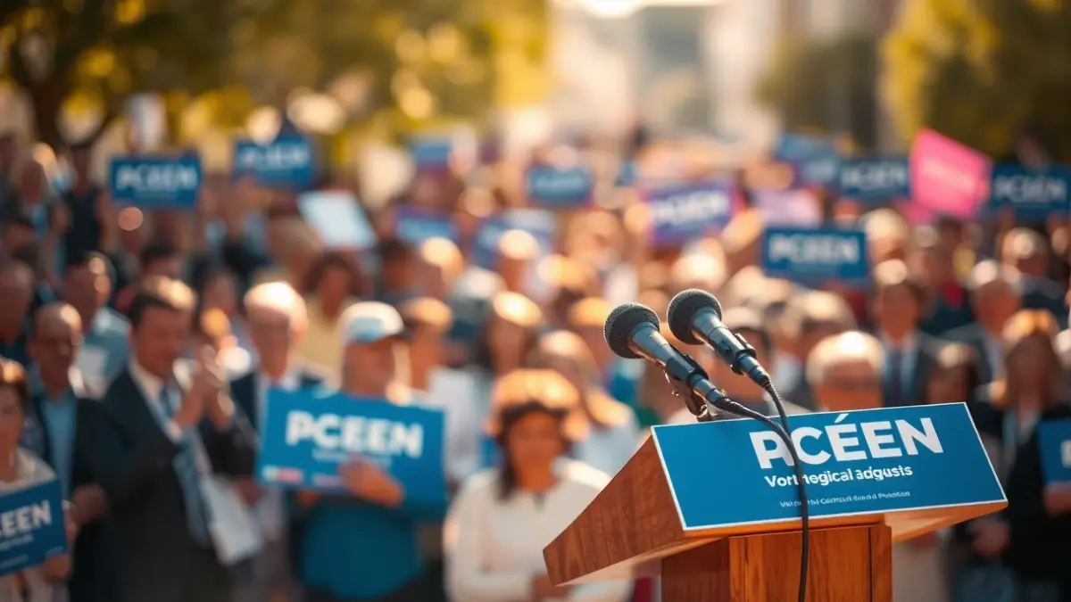Image of a political campaign scene in Jaén, with a podium and a microphone.