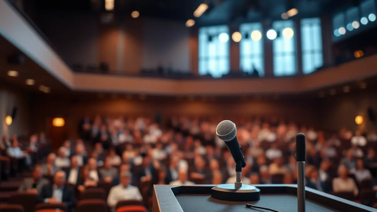 Generic image of a microphone on a podium in a debate setting.
