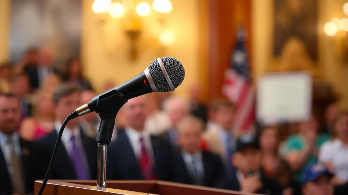 Generic image of a microphone on a podium during a political event.