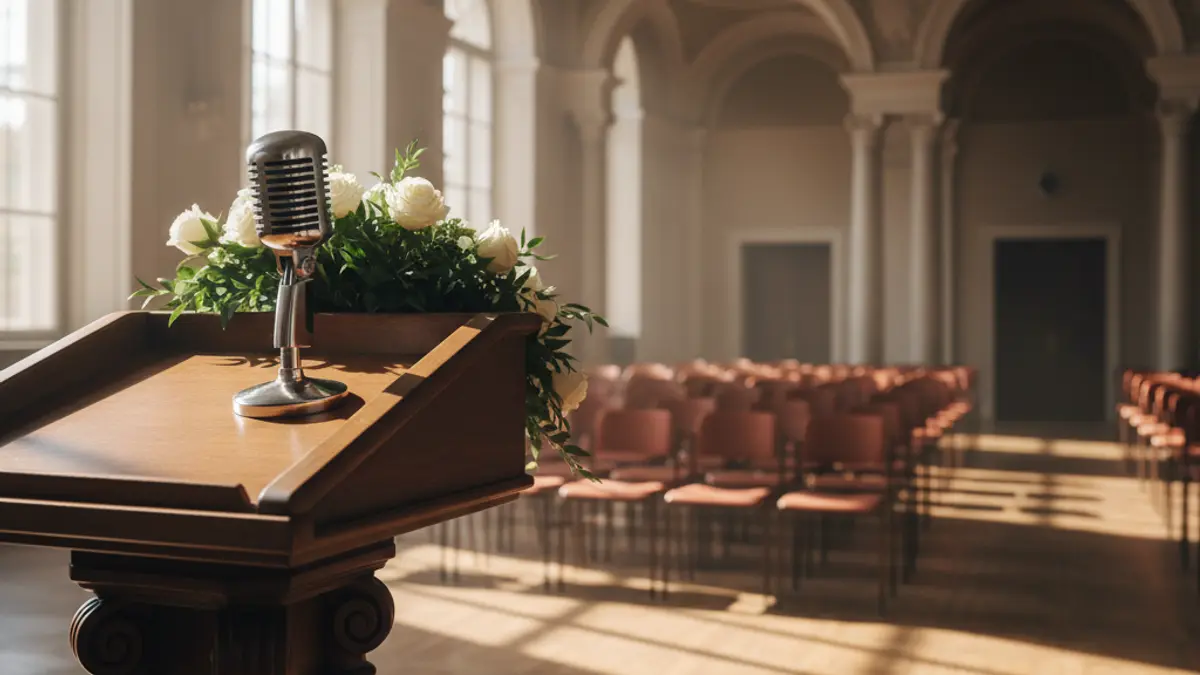 Generic image of a microphone on a podium, symbolizing a political debate.