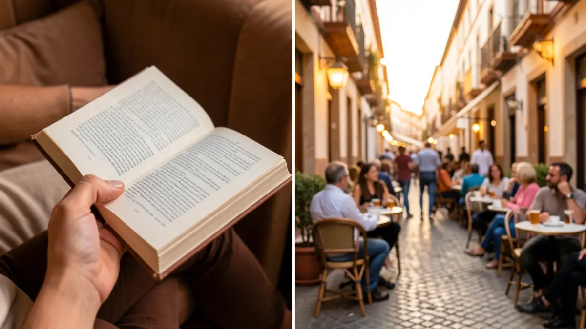 Imagen dividida: un lado muestra un primer plano de una mano sosteniendo un libro en un rincón de lectura acogedor, el otro lado muestra un fondo borroso de una animada escena callejera con gente disfrutando de bebidas en una cafetería al aire libre, luz cálida de tarde, arquitectura andaluza.
