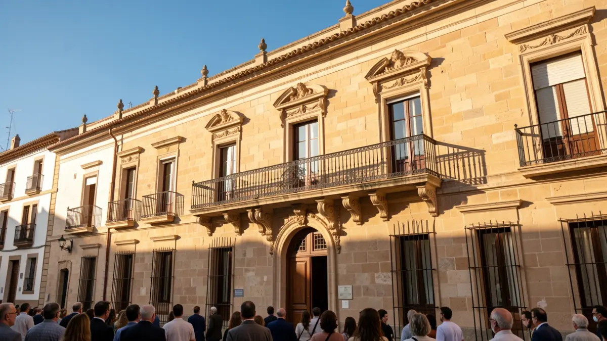 Fachada de un ayuntamiento andaluz con balcón y barandillas de hierro, luz de sol de la tarde.