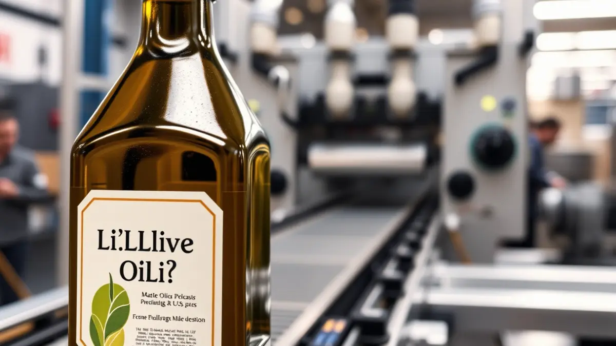 Imagen genérica de una botella de aceite de oliva en una línea de producción industrial.