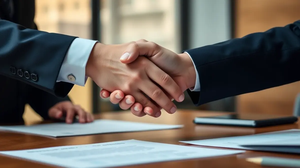 Generic image of two people shaking hands over a desk, symbolizing a job agreement.