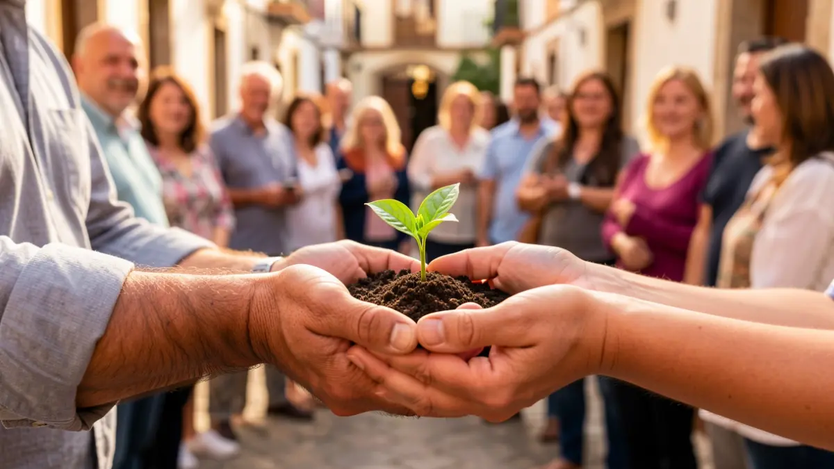 Hands holding a young plant with diverse people in the background.
