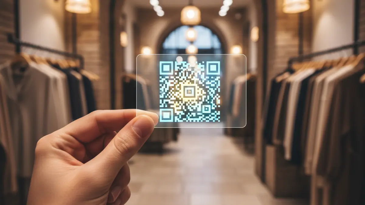 Imagen genérica de una tarjeta digital con código QR en una tienda de ropa.