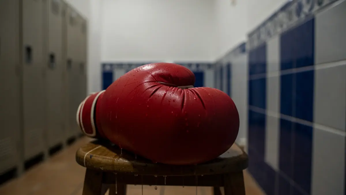 Primer plano de un guante de boxeo en un vestuario, con azulejos andaluces de fondo.