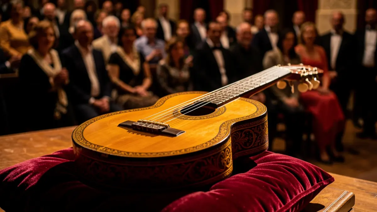 Close-up of a flamenco guitar on a velvet cushion with warm lighting.