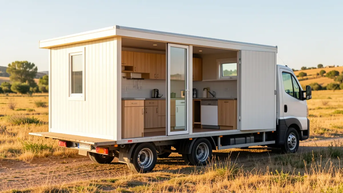 Imagen genérica de una casa modular prefabricada de dos habitaciones en venta en España.