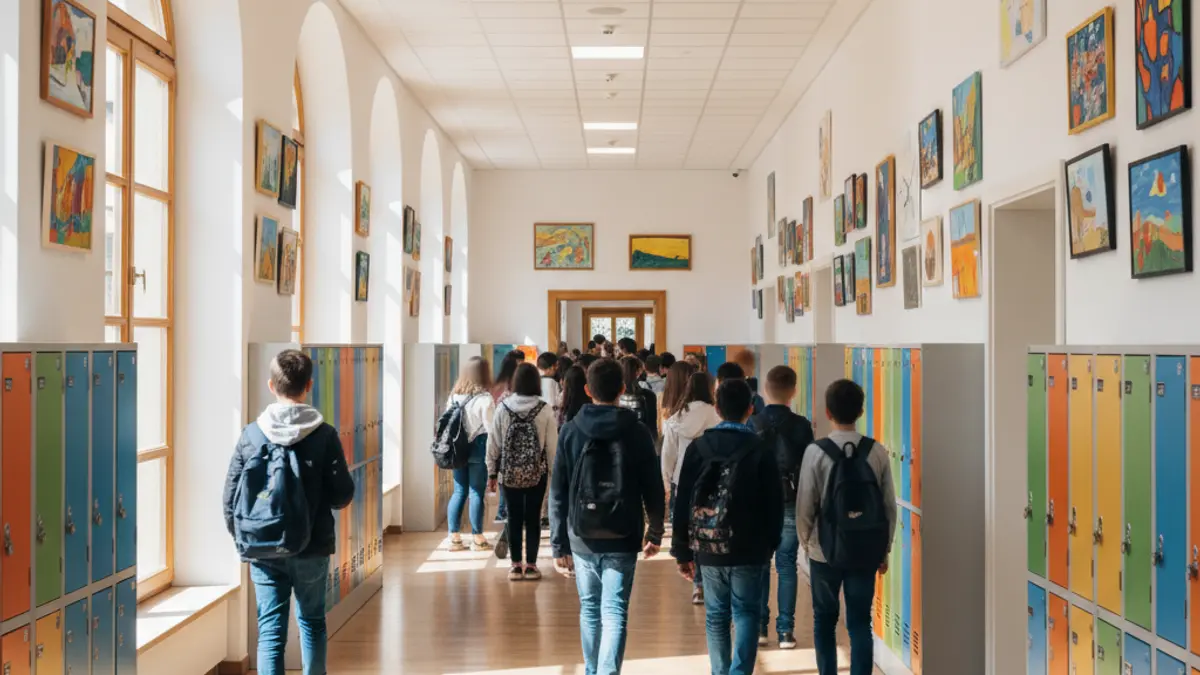 Generic image of a modern, bright school hallway with colorful lockers and student artwork.