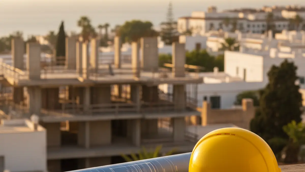 Imagen genérica de planos de construcción y un casco de seguridad en una mesa.