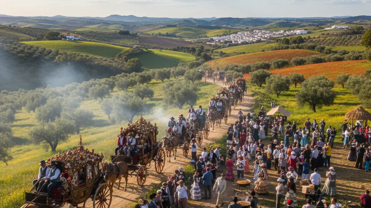 Imagen de una romería con carrozas y caballos en un entorno natural.