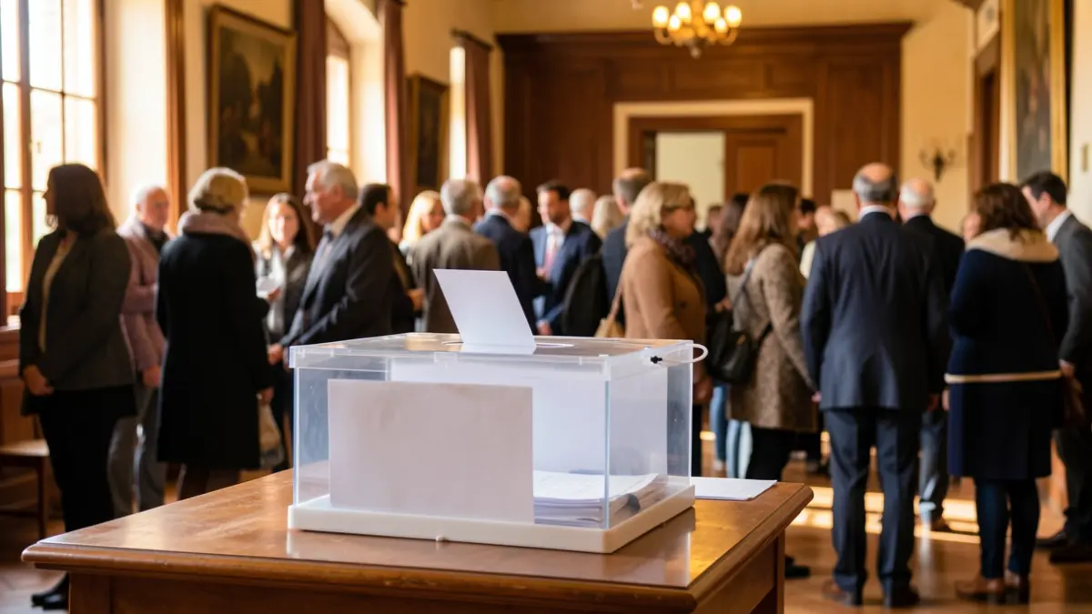 Voting booth in an Andalusian town hall with a ballot box.