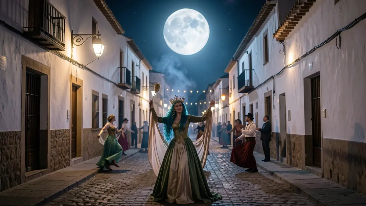 Escena nocturna mágica en las calles históricas de Cazorla durante la Noche de la Tragantía, con actores y bailarines iluminados por la luna y faroles.