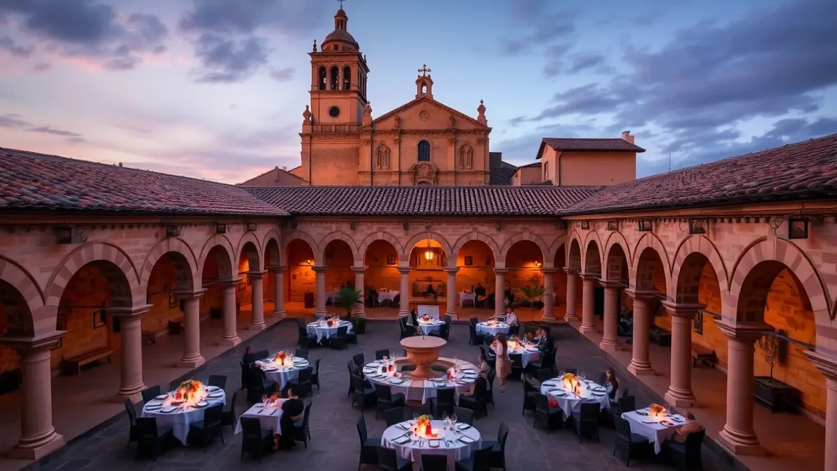 Image of a cathedral cloister lit up for a charity dinner.