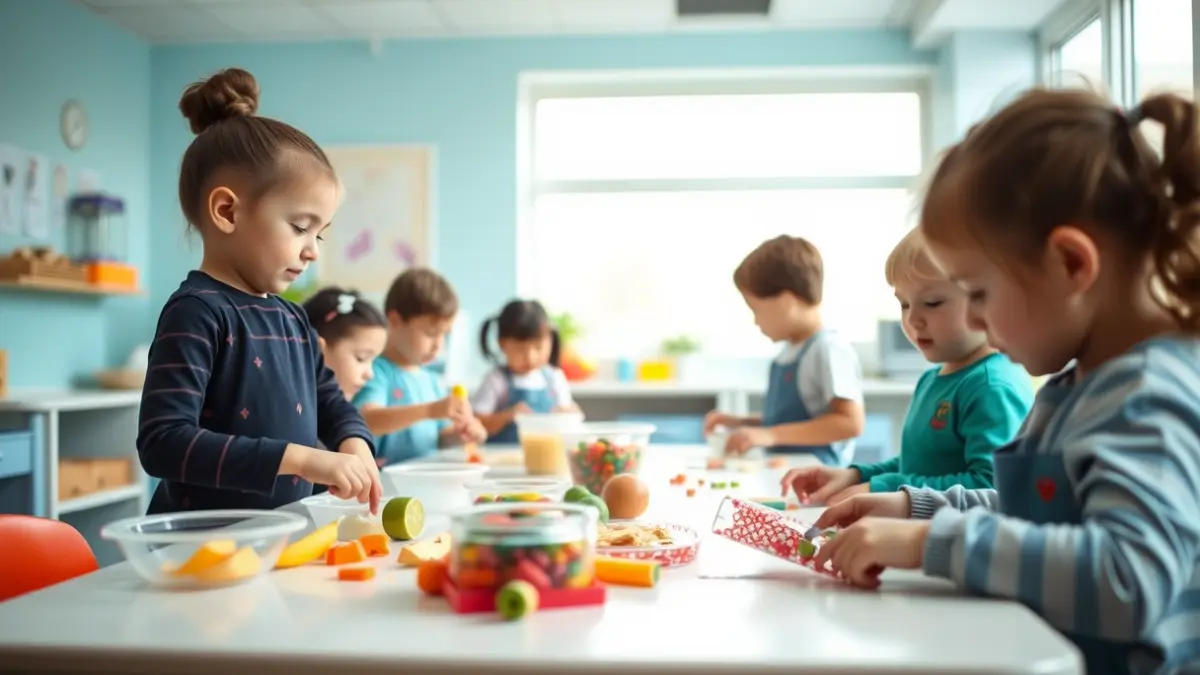 Children in a hospital cooking workshop, preparing dishes with colorful ingredients.