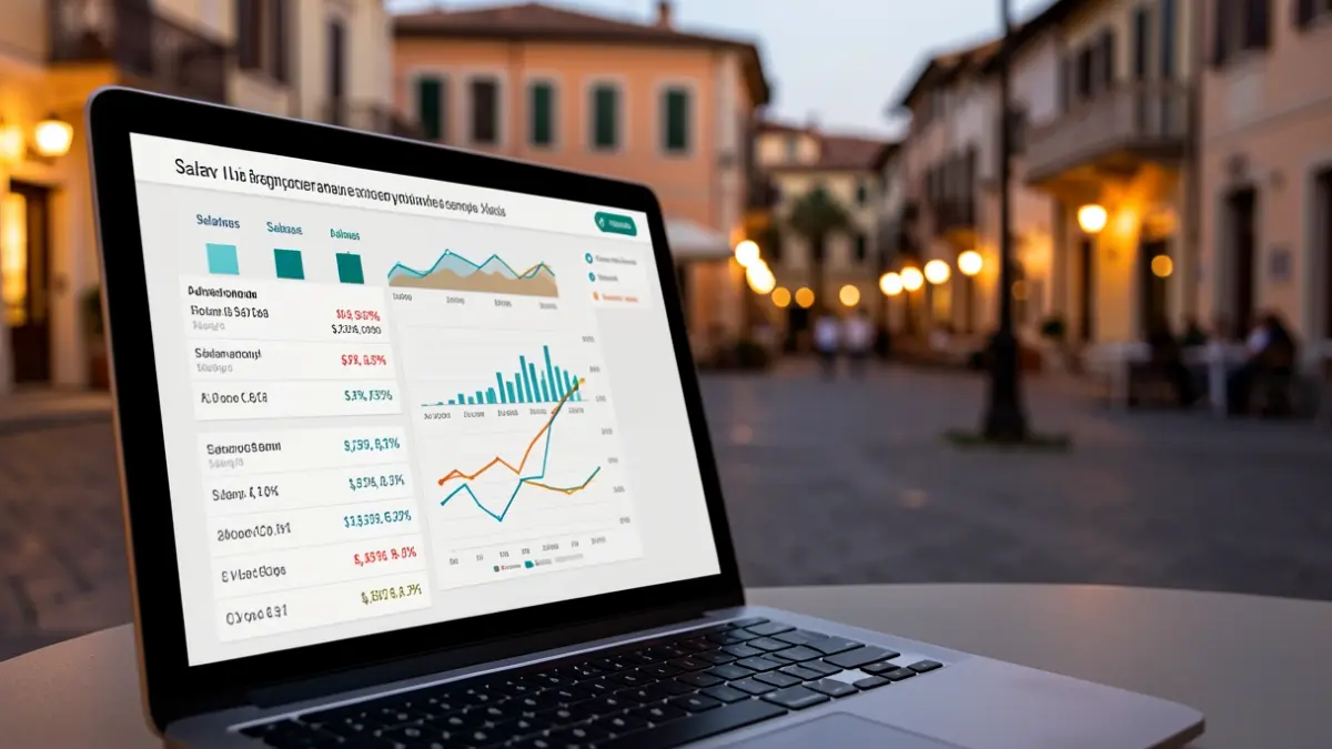 Generic image of economic charts and an Andalusian square at dusk.