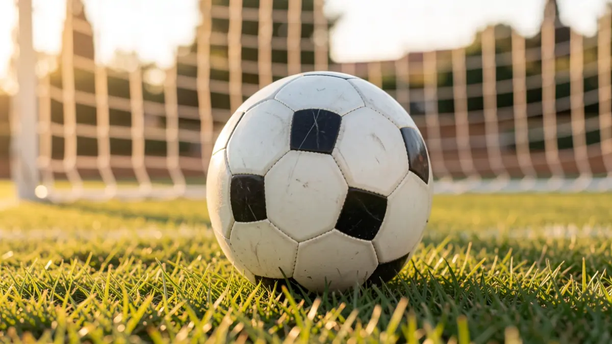 Imagen genérica de un balón de fútbol sobre césped con la red de portería desenfocada.