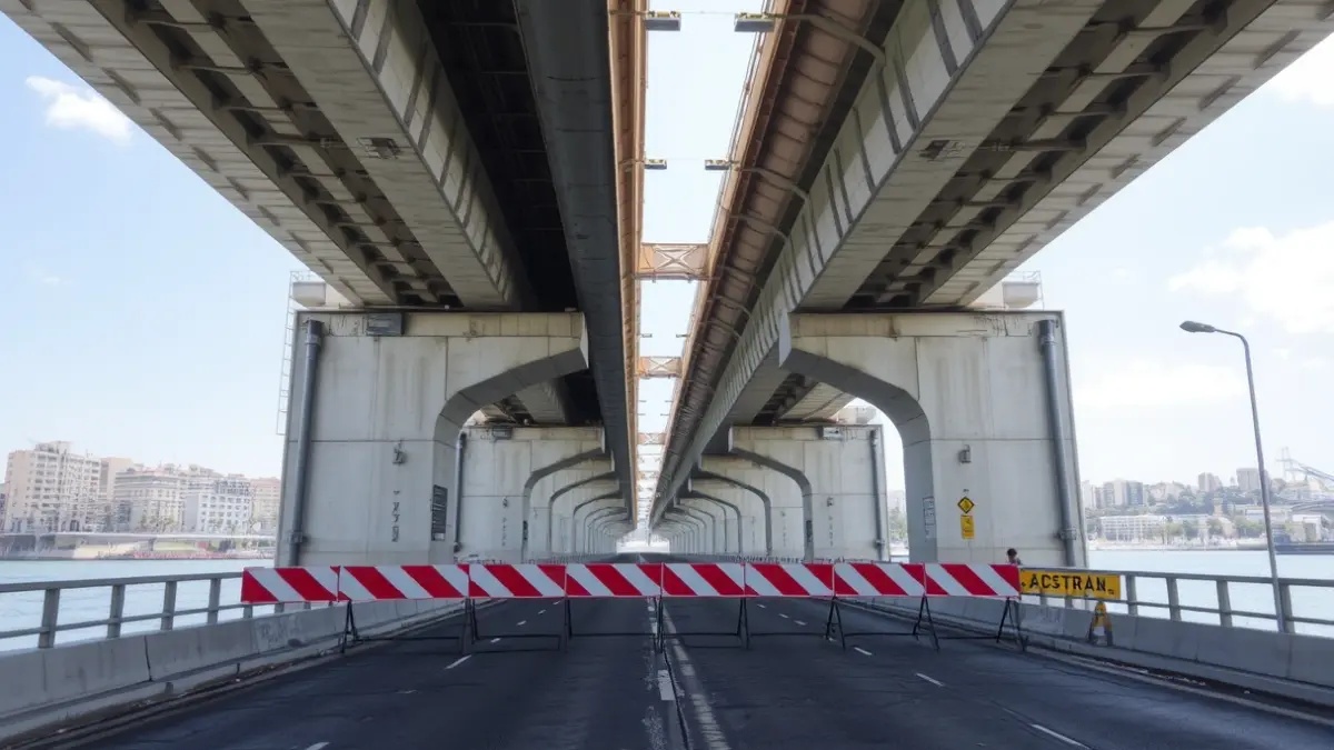 Image of the Siphon Bridge in Huelva with traffic barriers indicating its temporary closure.