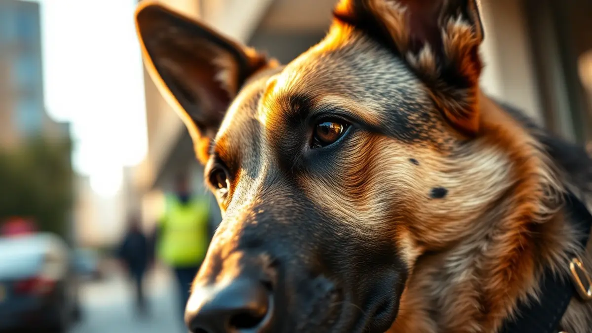 Imagen de un perro policía, un pastor belga malinois, con expresión concentrada.