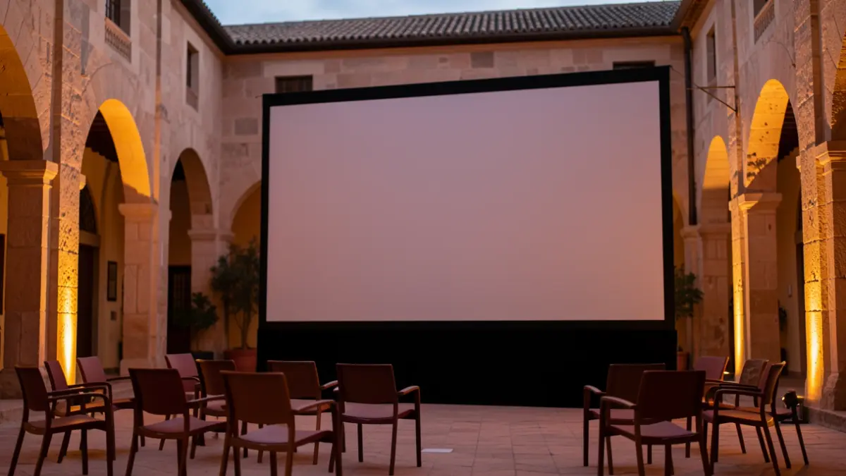 Outdoor cinema screen in a historic Andalusian courtyard at dusk.