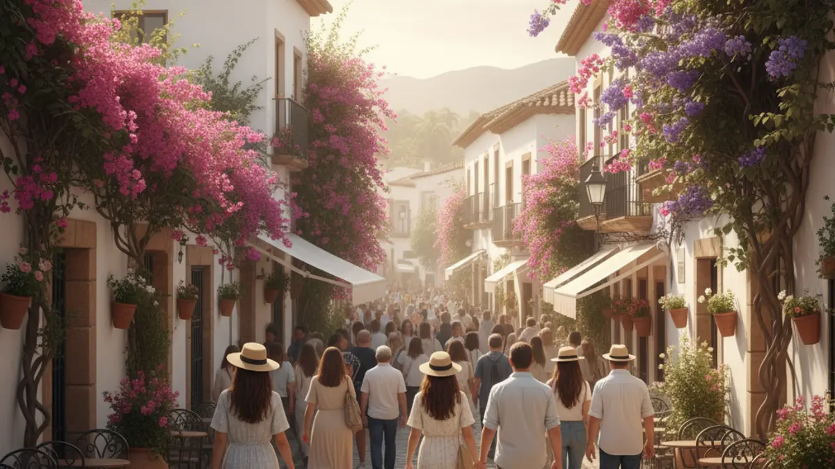 Image of a neighborhood in Almería during spring, with colorful flowers on the facades.