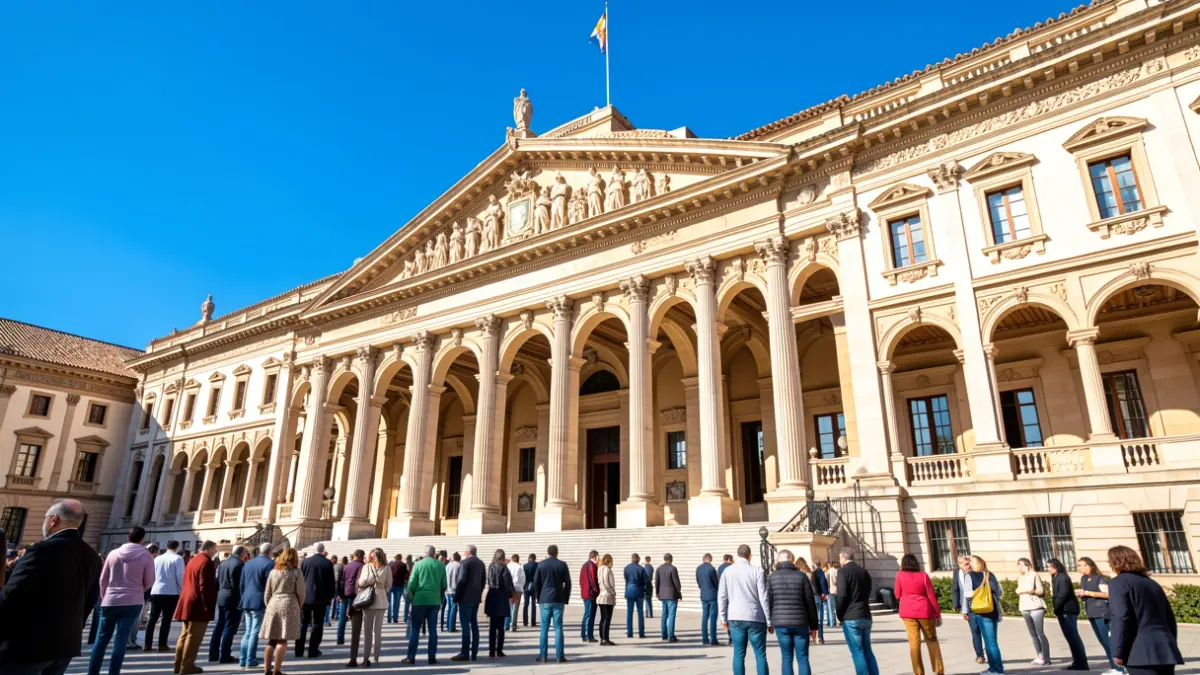 Facade of the Andalusian Parliament under bright sunlight.