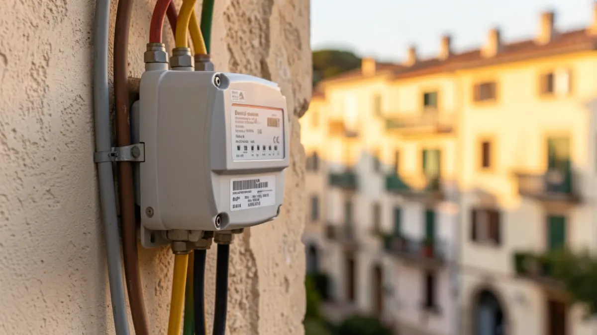Imagen de un contador eléctrico y cables, simbolizando problemas de suministro eléctrico en un edificio residencial.