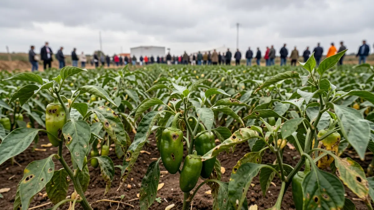 Image of pepper fields in Almería affected by pests and adverse weather conditions.