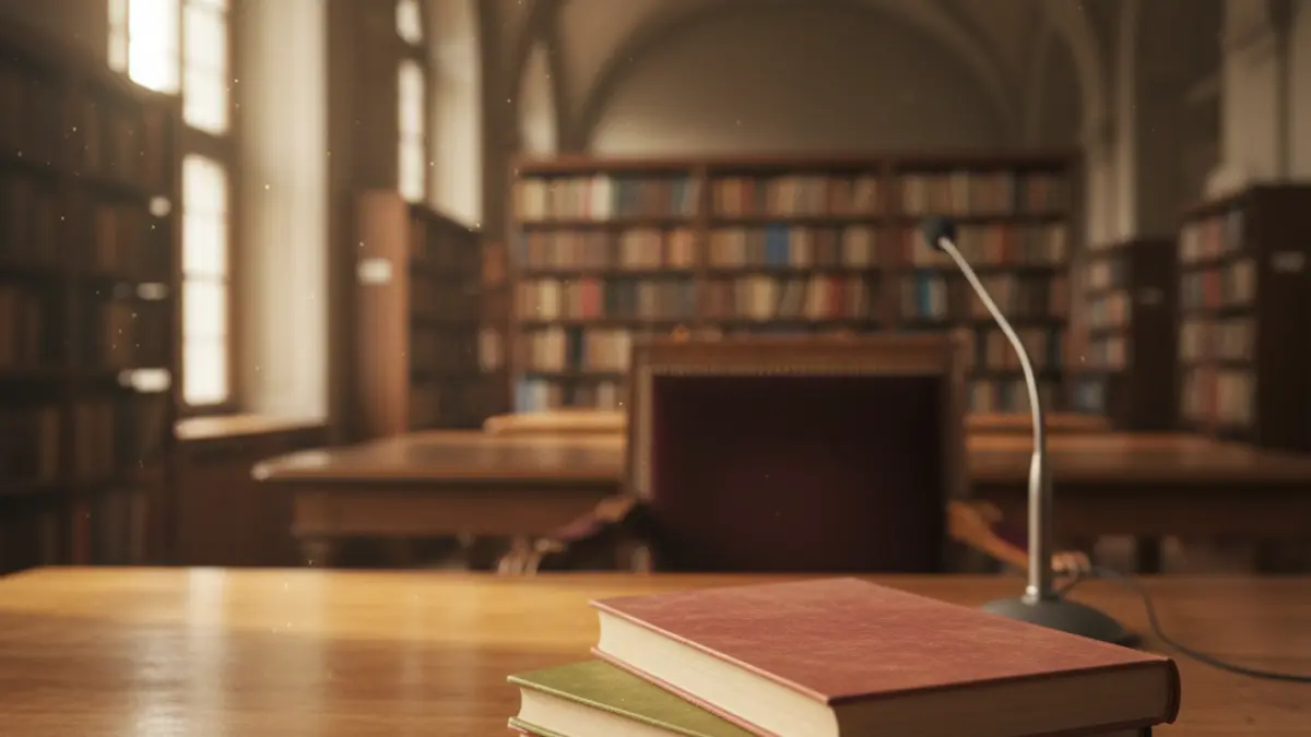 Imagen genérica de libros y un micrófono, simbolizando un evento educativo o cultural.