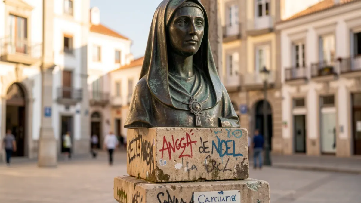 Imagen de la estatua de Santa Ángela de la Cruz en Cádiz con grafitis y deterioros.