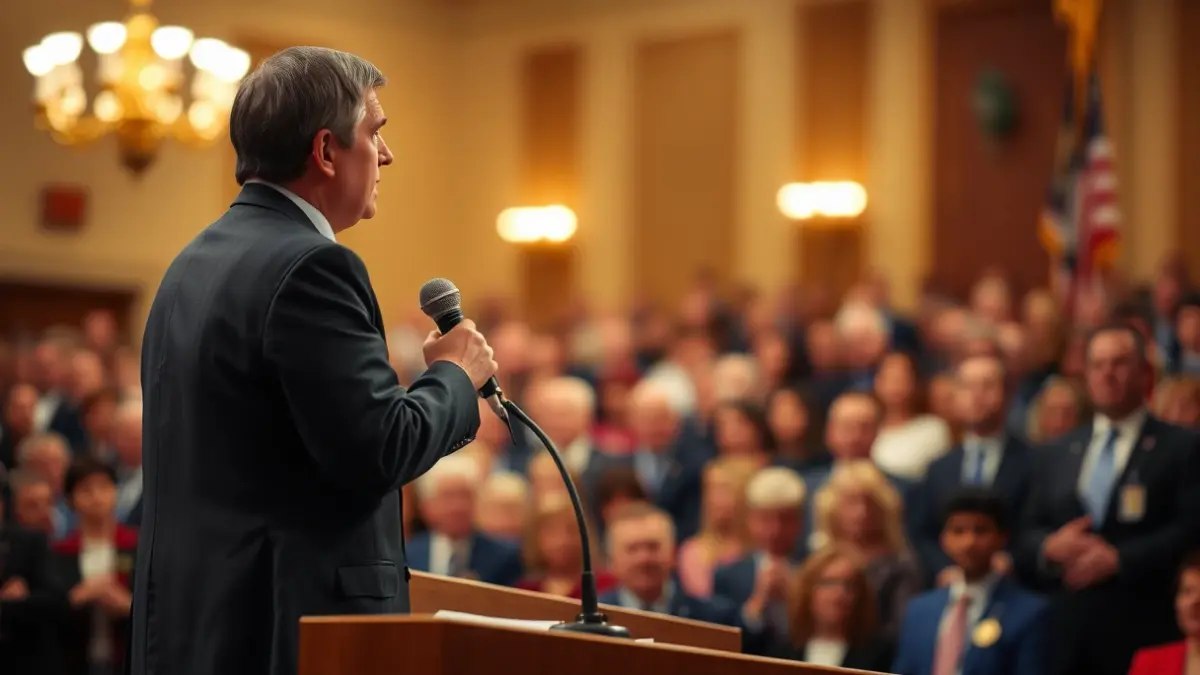 Generic image of a microphone on a podium, symbolizing a political announcement.
