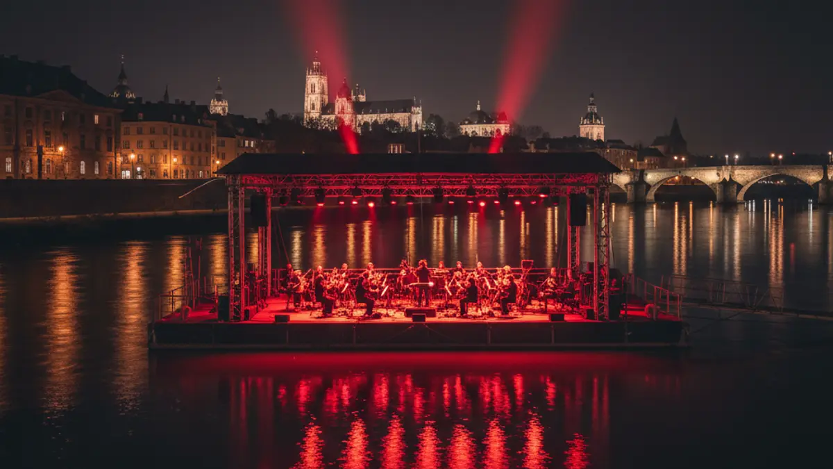 Image of a red-lit floating stage on the Guadalquivir river in Seville.