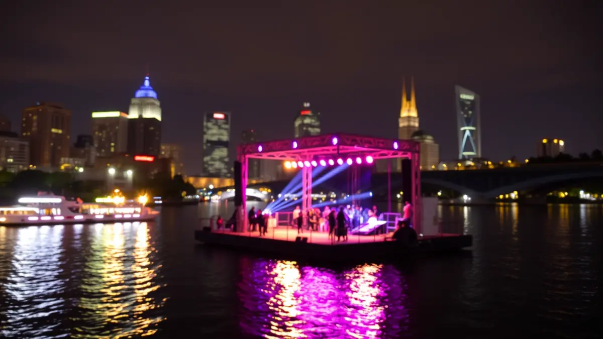 Image of an illuminated floating stage on the Guadalquivir river in Sevilla.