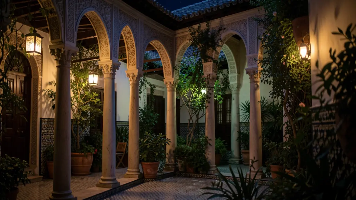 Patios del Palacio de Viana en Córdoba de noche, iluminados por la luna y luces cálidas.