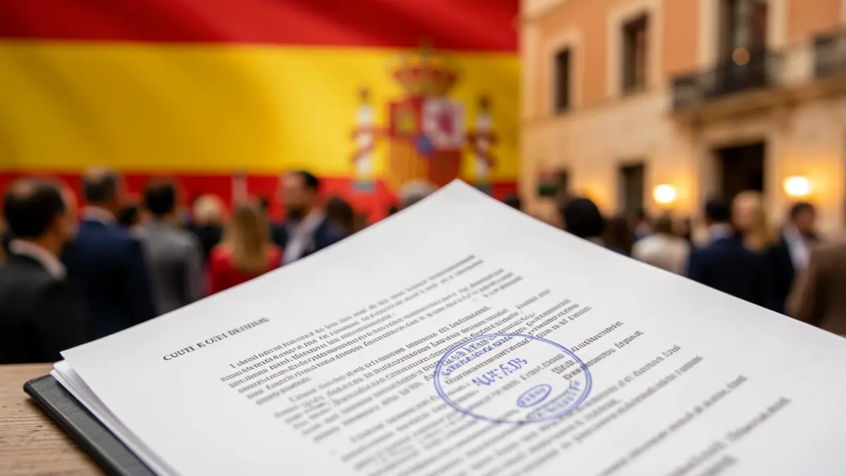 Imagen genérica de un documento legal con sello y texto borroso.
