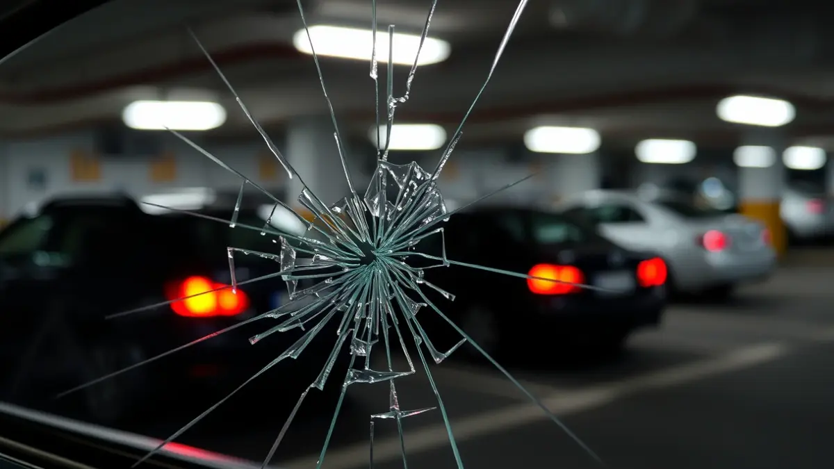 Cristal de coche roto en un garaje subterráneo, con vehículos borrosos al fondo.