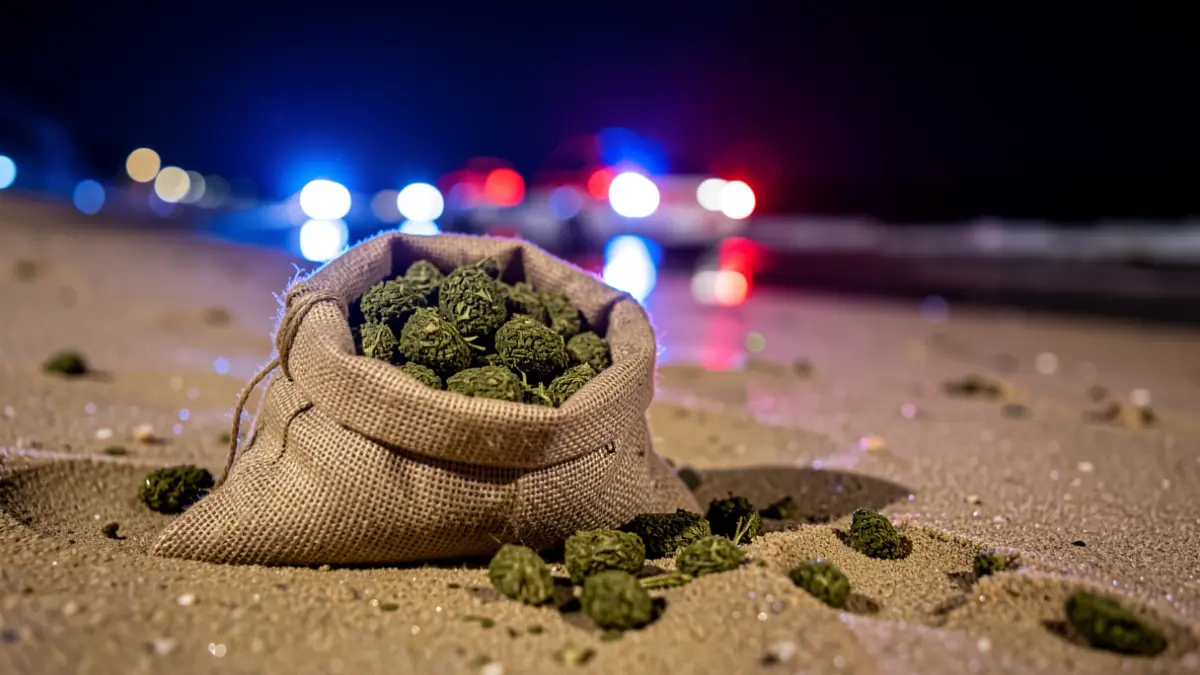 Primer plano de fardos de arpillera con hachís en una playa de noche, con luces de emergencia borrosas al fondo.