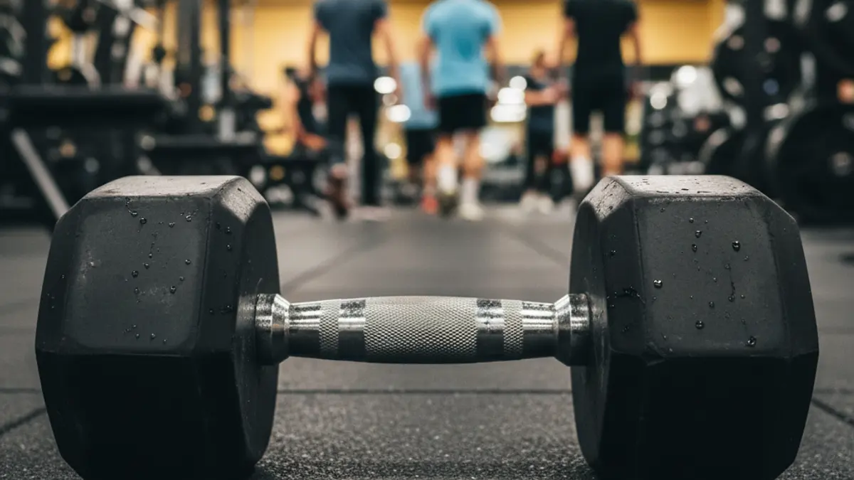 Imagen genérica de una mancuerna en el suelo de un gimnasio, con equipo de ejercicio borroso al fondo.