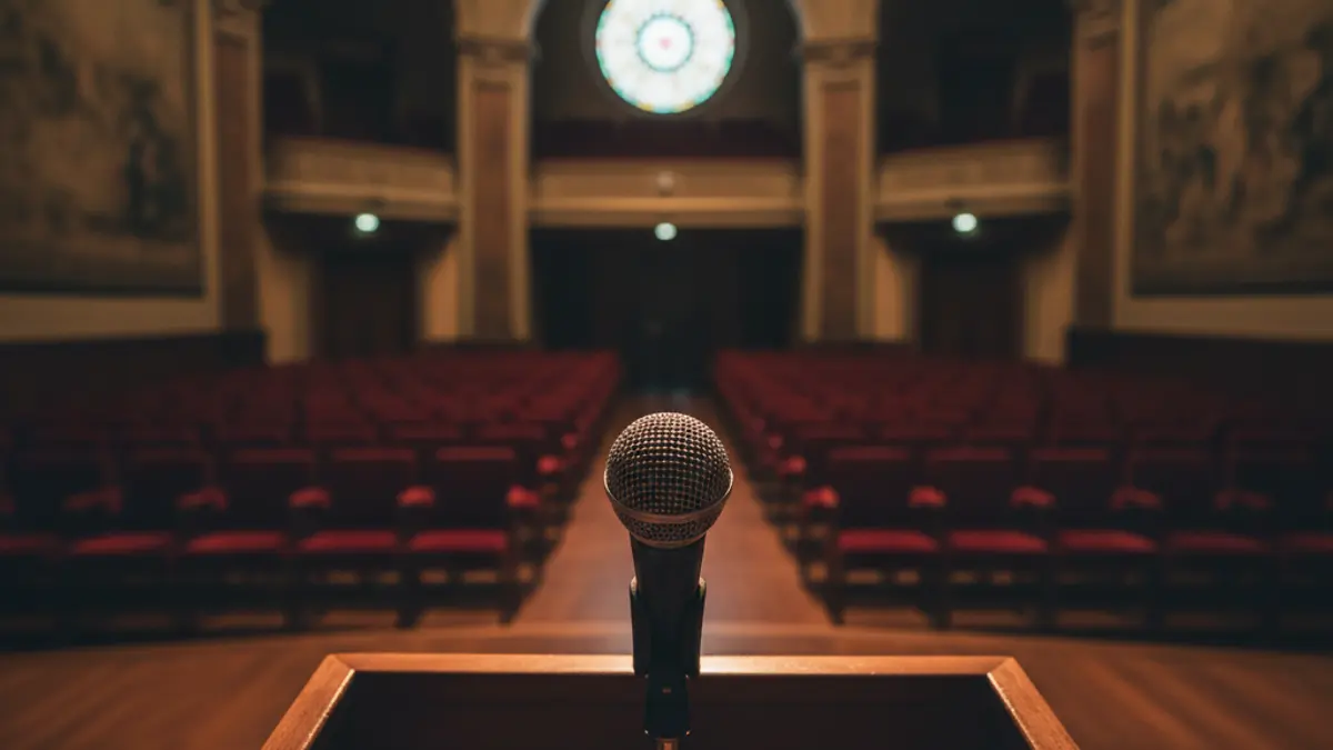Imagen genérica de un micrófono en un atril en un auditorio.
