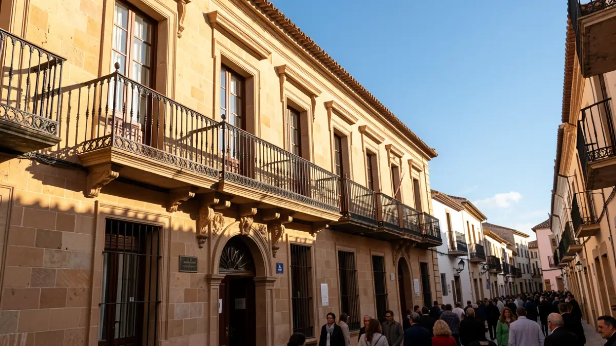 Fachada de un ayuntamiento andaluz con balcón y barandillas de hierro, luz de sol de la tarde.