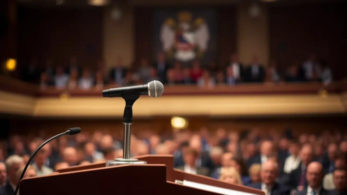 Imagen genérica de un micrófono en un atril, simbolizando un discurso político o una declaración oficial.