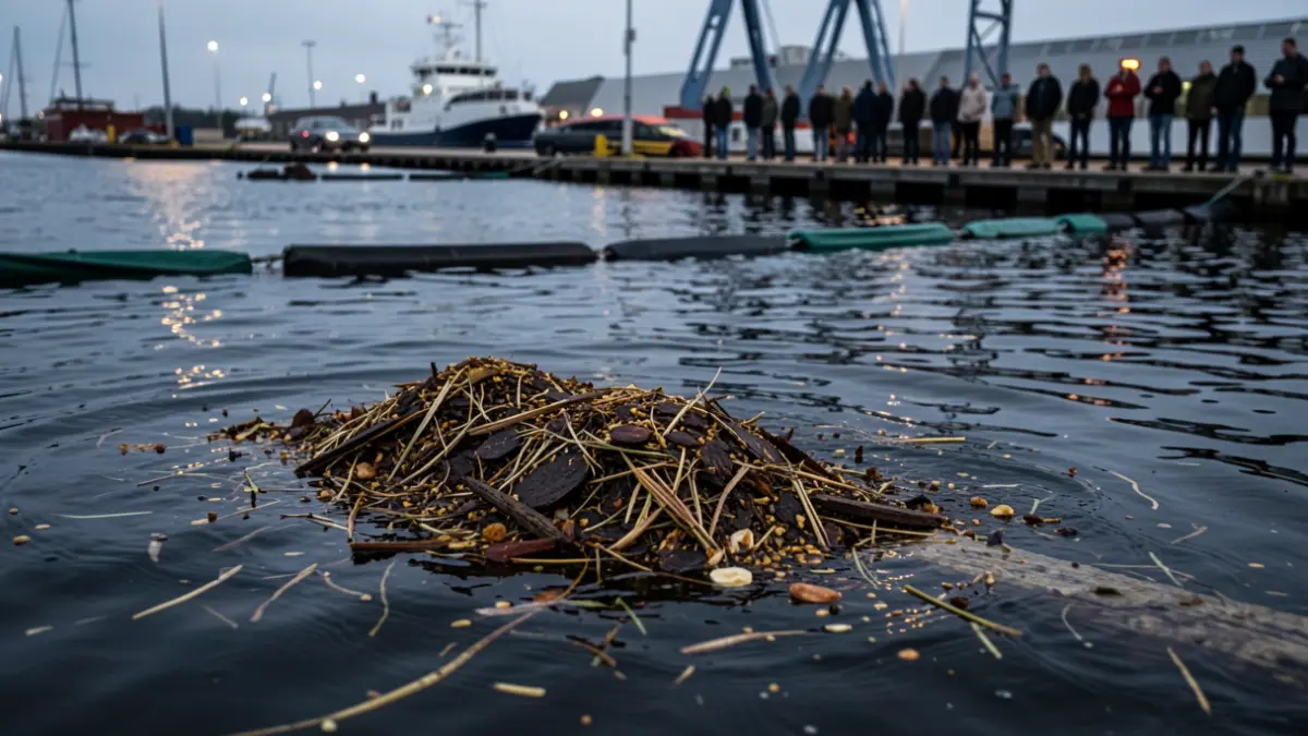 Imagen de aceite de palma flotando en el agua cerca de un muelle portuario con barreras de contención.