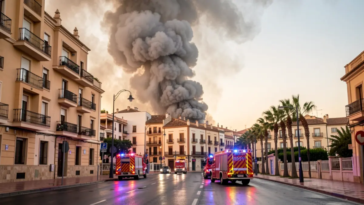 Imagen de una gran columna de humo saliendo de un edificio en Málaga con luces de emergencia.