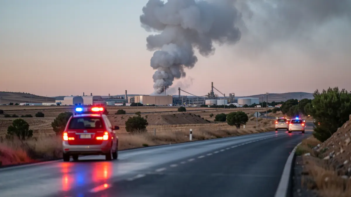 Imagen genérica de humo de incendio sobre una planta de reciclaje con luces de emergencia.