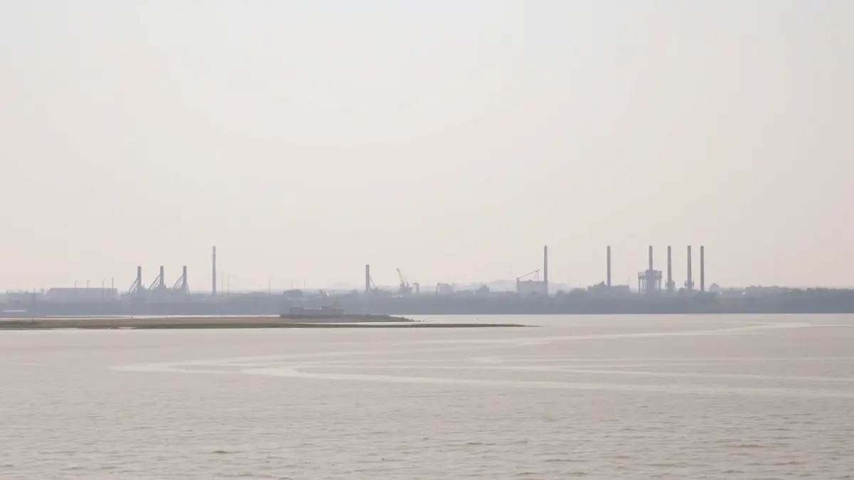 Imagen del estuario del río Guadalquivir con un aspecto industrial y un cielo brumoso, simbolizando la preocupación ambiental.